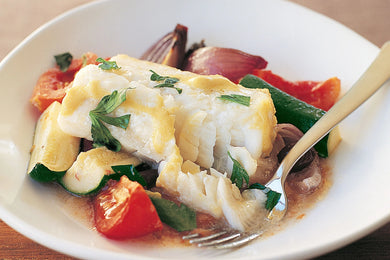 Baked Whiting Fillet With A Medley Of Roasted Veggies, Greens & Lemon Butter Sauce
