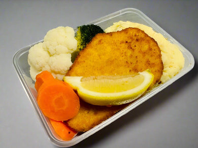 Crumbed Chicken Schnitzel With Garlic & Herb Mashed Potato, Steamed Vegetables & Gravy