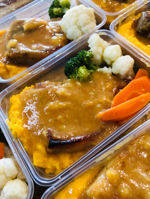 Baked Savoury Pork With Sweet Potato Mash & Vegetables